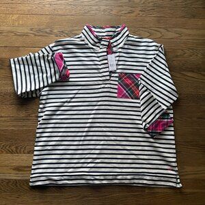 Crown & Ivy 2X Striped Funnel-Neck Pullover w/ Plaid Trim – Holiday Cozy